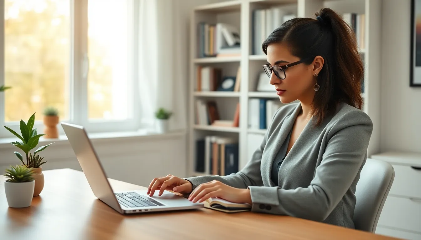 woman studying in a modern home office for an online PhD program.