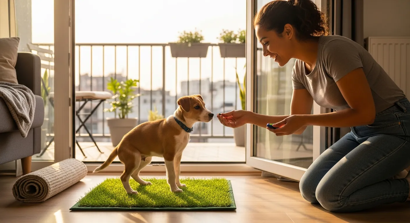 Woman rewards puppy using an indoor grass potty pad near a balcony door.