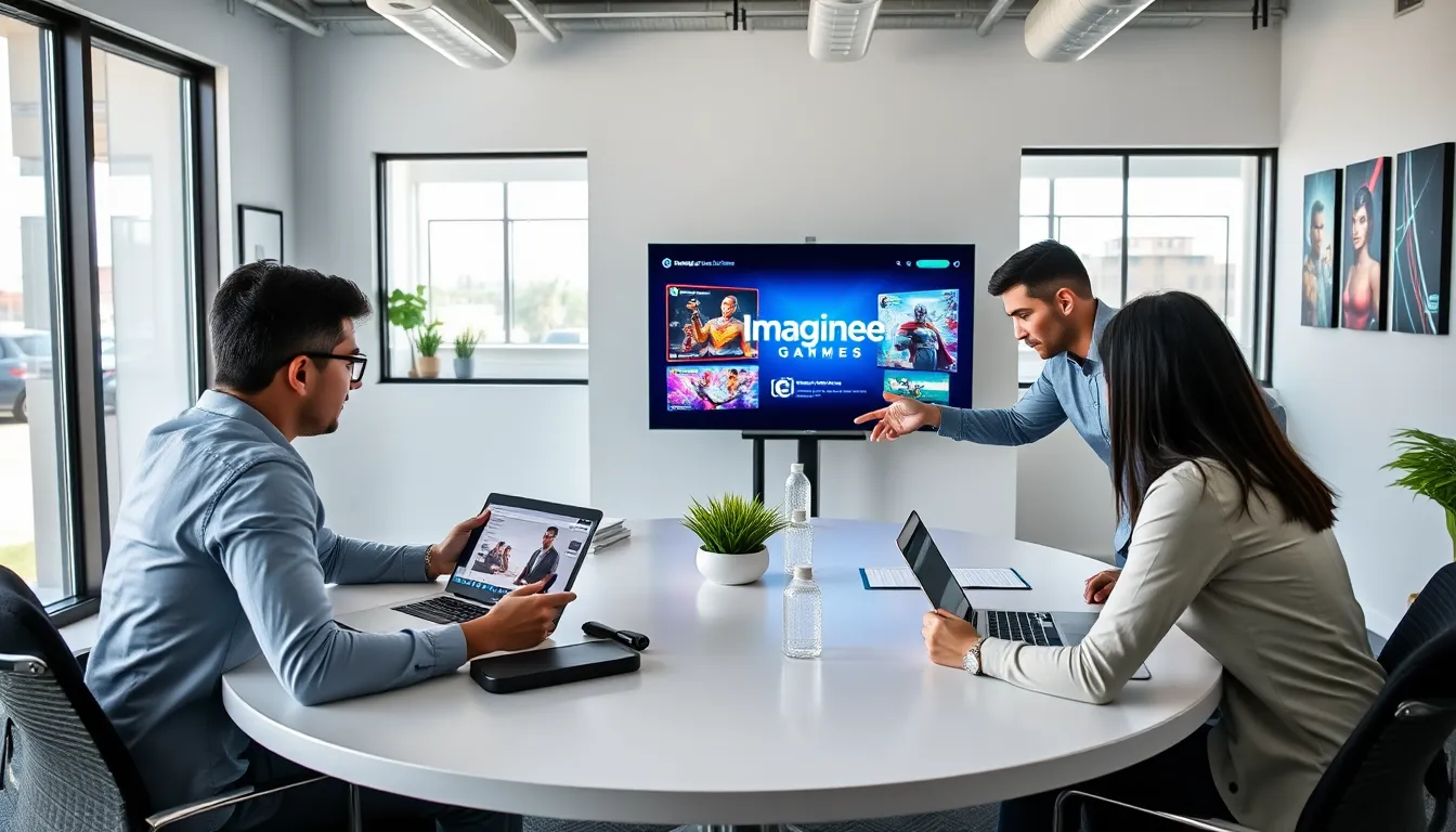 diverse team collaborating in a modern office discussing Imagineer Games.