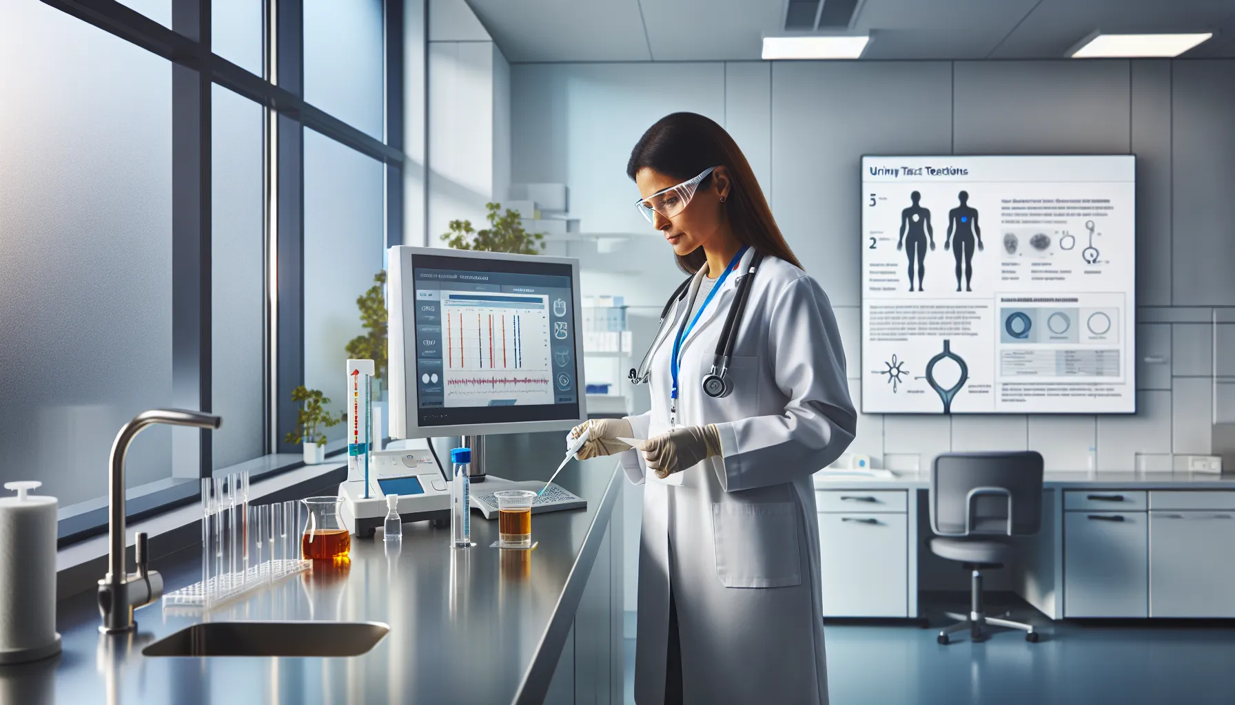 healthcare technician preparing a urine sample in a modern lab.