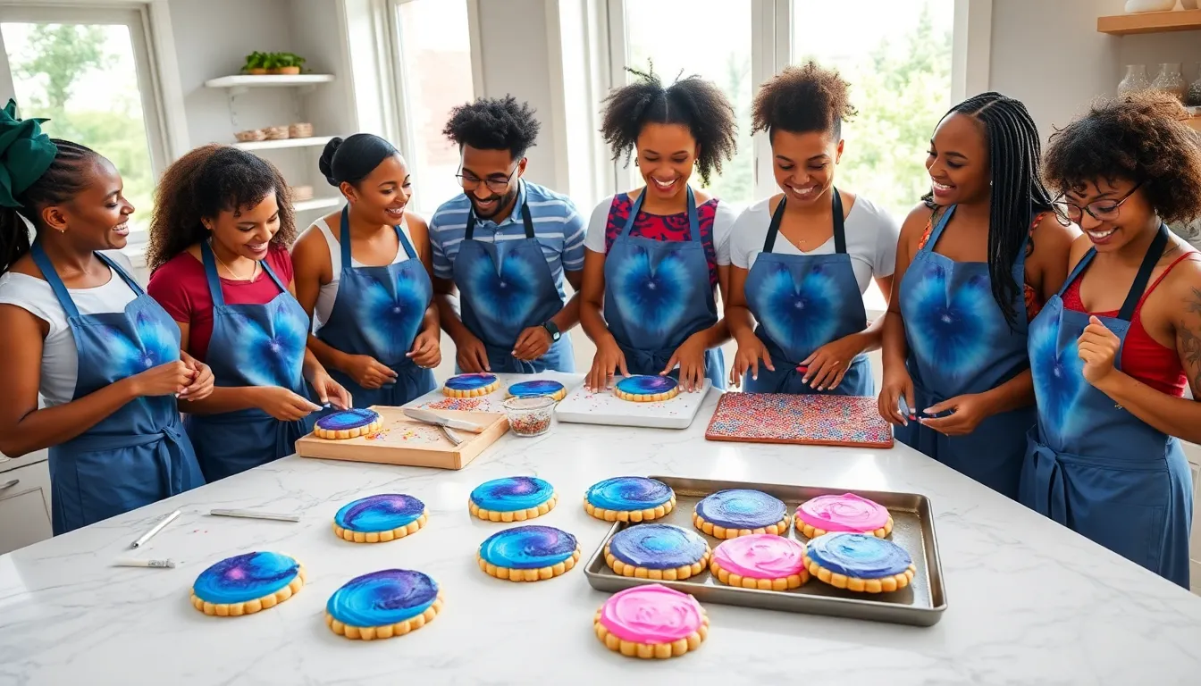 diverse bakers creating nebula-themed cookies in a modern kitchen.