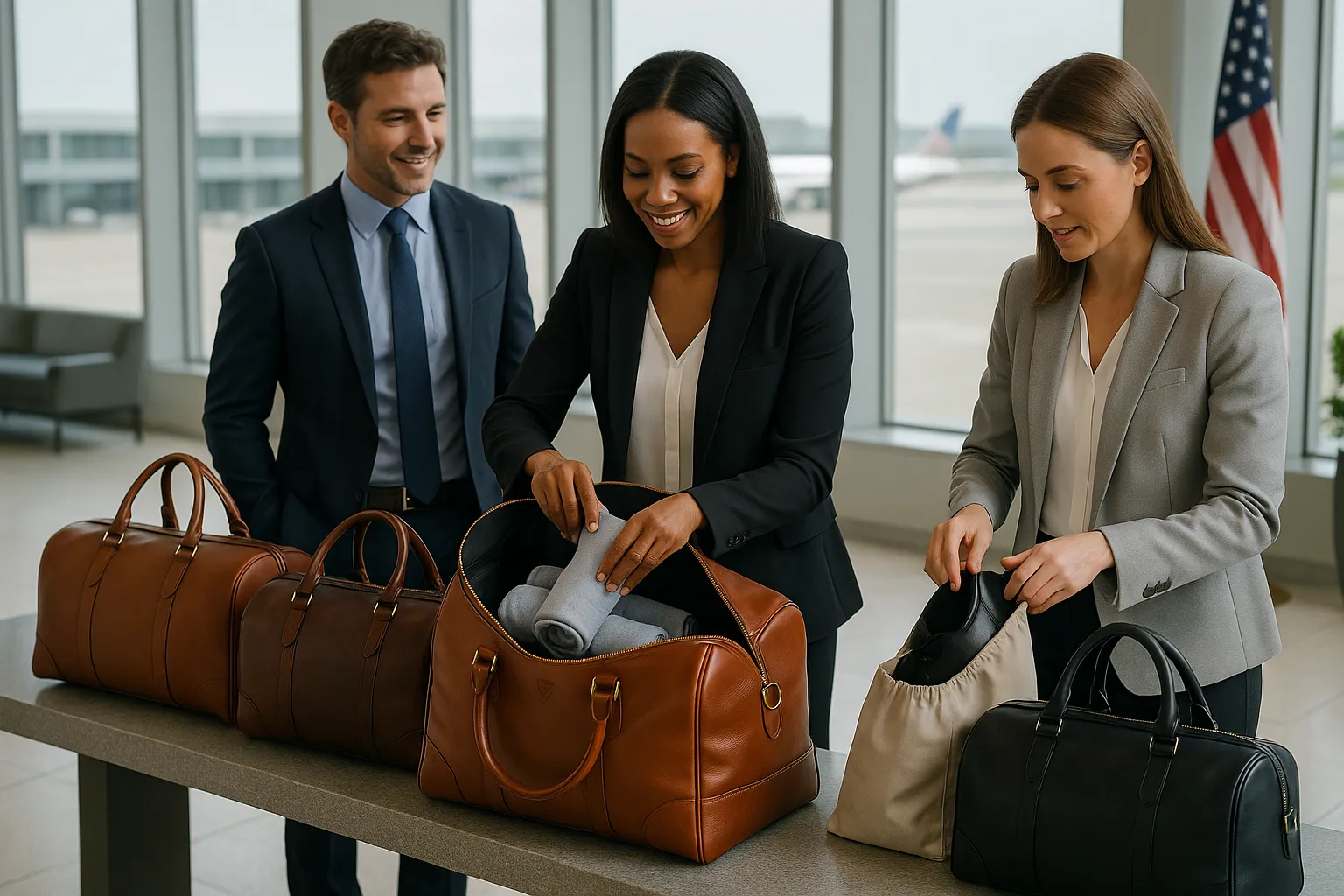 Travelers with leather duffel bags in a modern airport lounge.