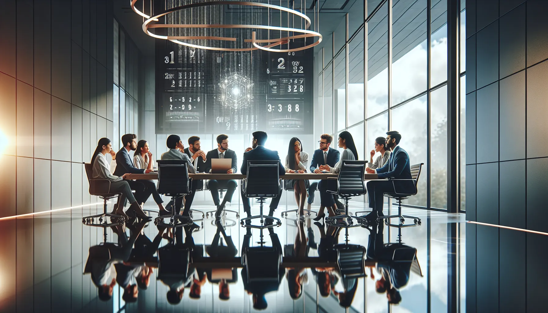 diverse professionals discussing the significance of a number in a modern office.