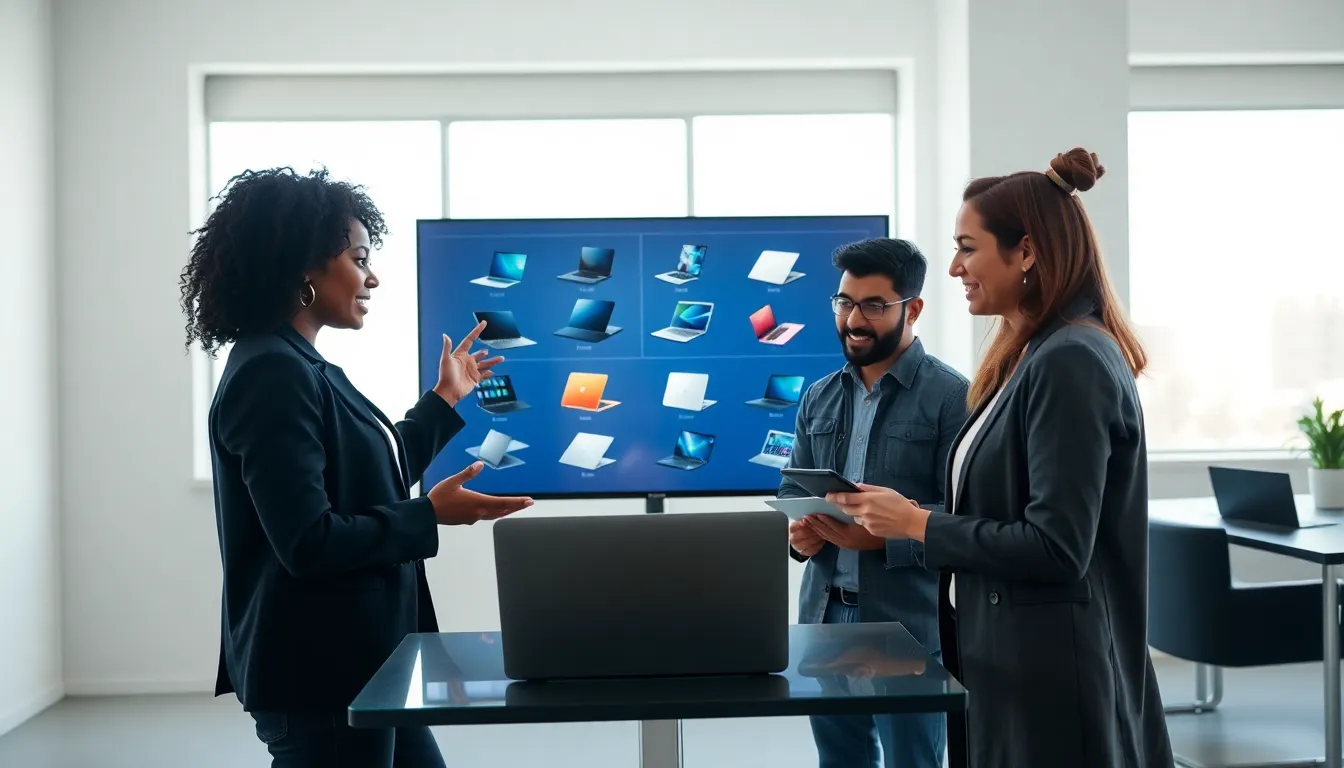 professionals discussing laptops in a modern office setting.