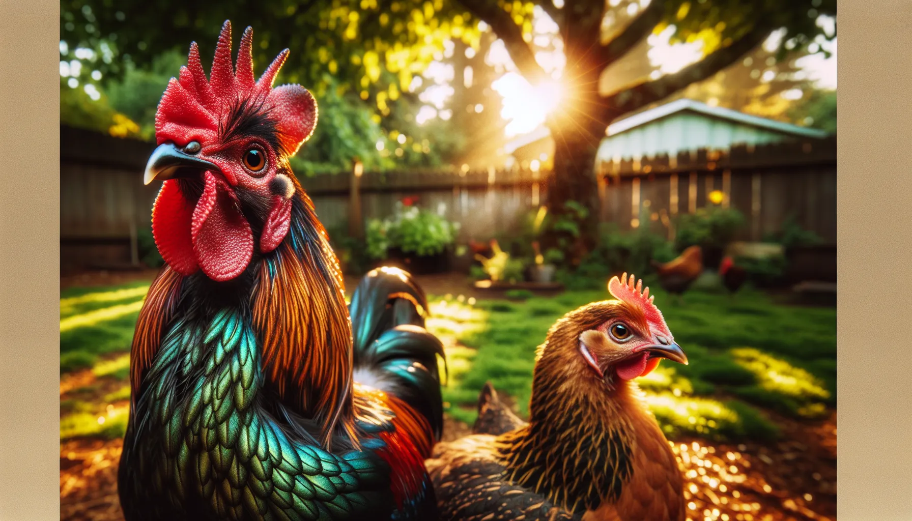 a juvenile rooster and hen in a backyard setting.