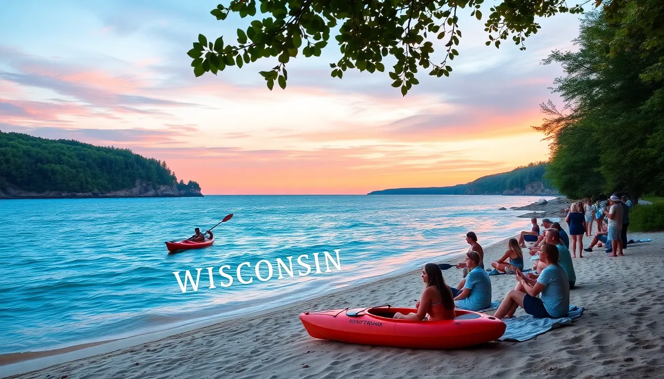Beautiful sunset over Lake Superior with people enjoying outdoor activities.