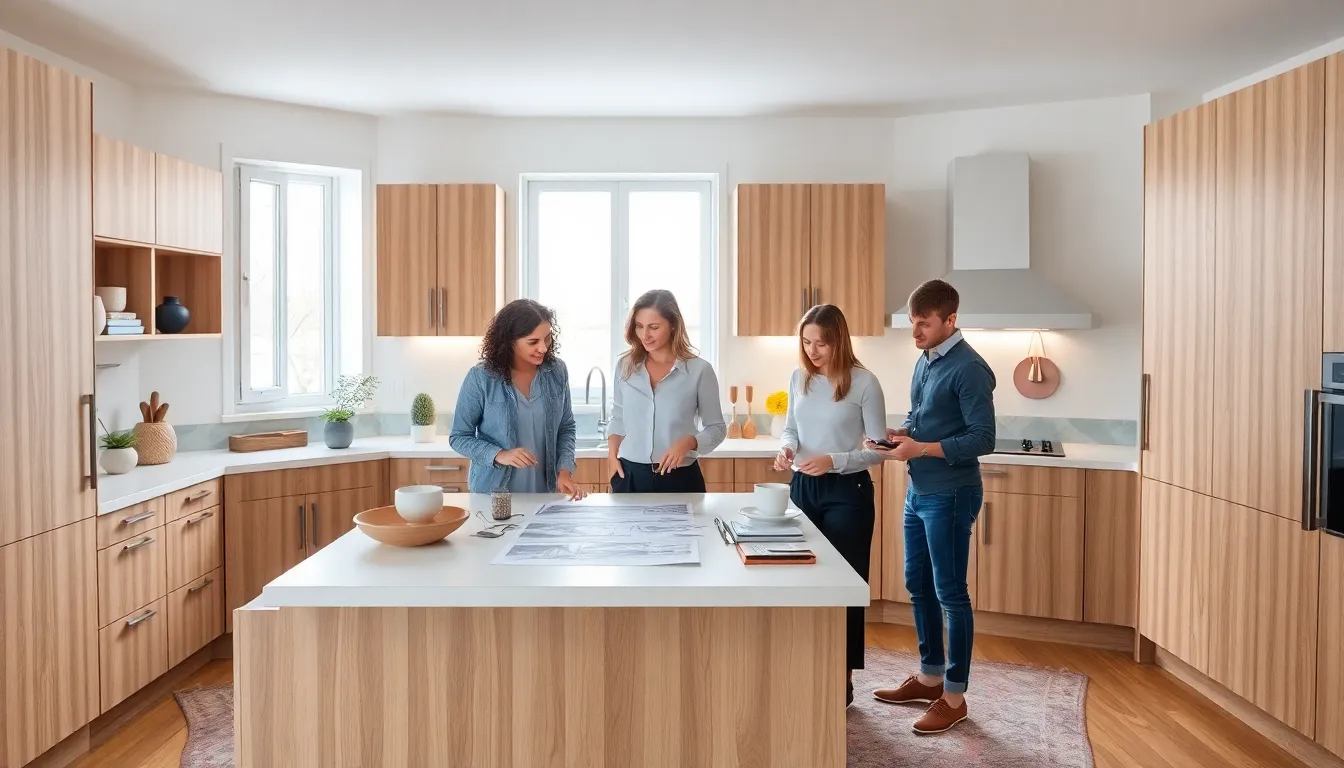 a modern kitchen with Ikea cabinets and professionals discussing design.