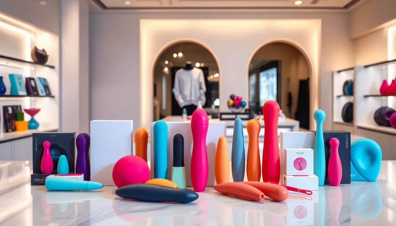 variety of vibrant vibrating sex toys displayed in a boutique.
