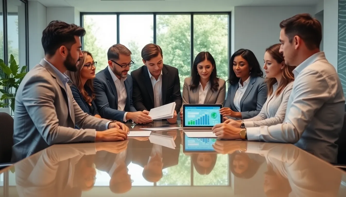 diverse team discussing sustainable energy solutions in a modern office.