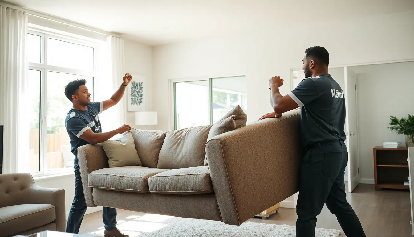 team removing clutter from a modern living room in Fresno.