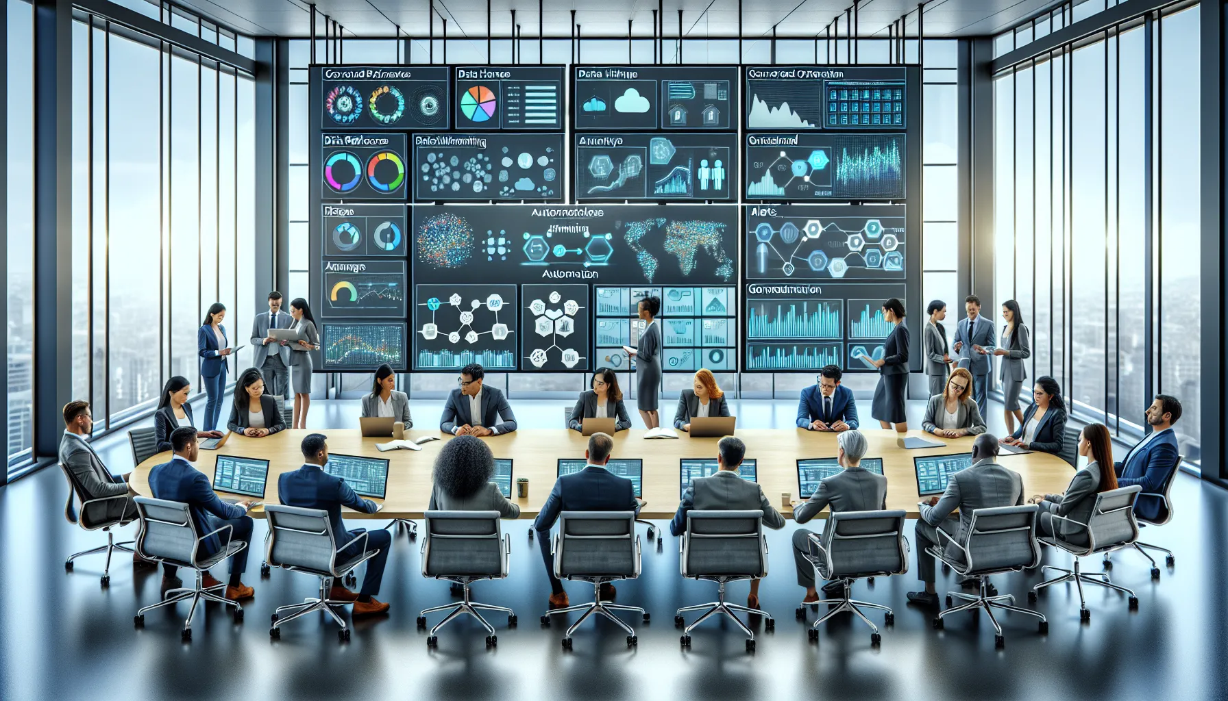 Analytics team viewing automated Tableau workflows and alerts on large office dashboards.
