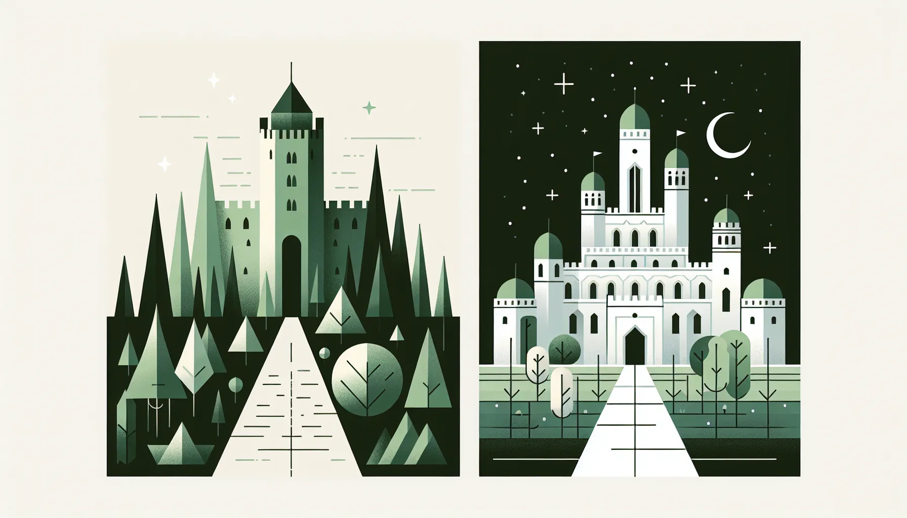 Two contrasting spaces: a fortress in forest and a royal palace