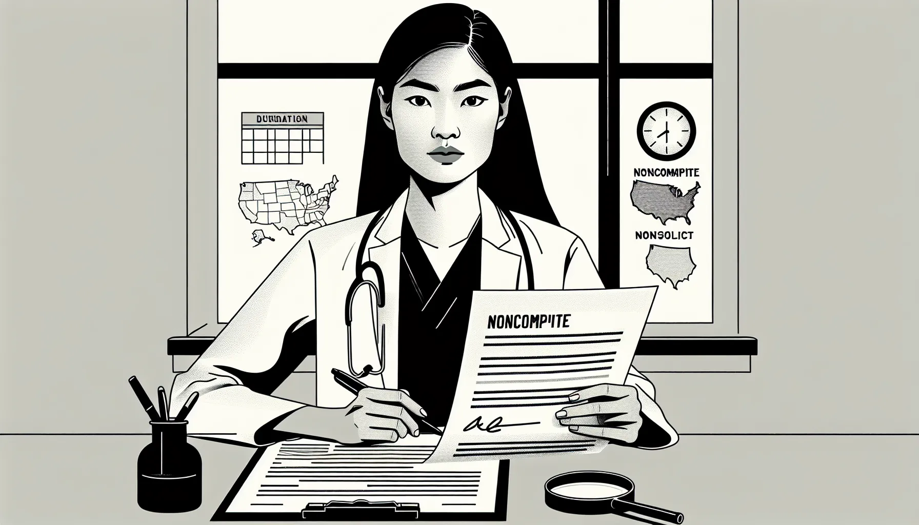 Physician reviewing contract with highlighted noncompete, calendar, and US map.