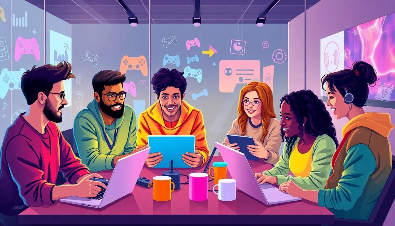 diverse group of gamers sharing ideas in a modern workspace.
