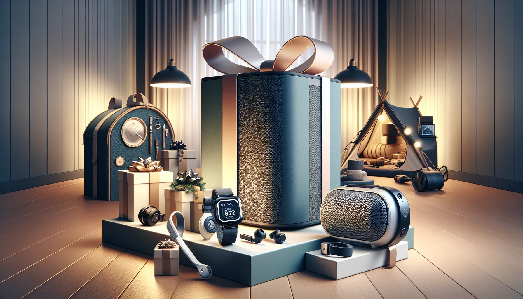 assortment of popular Father's Day gifts in a modern workspace.