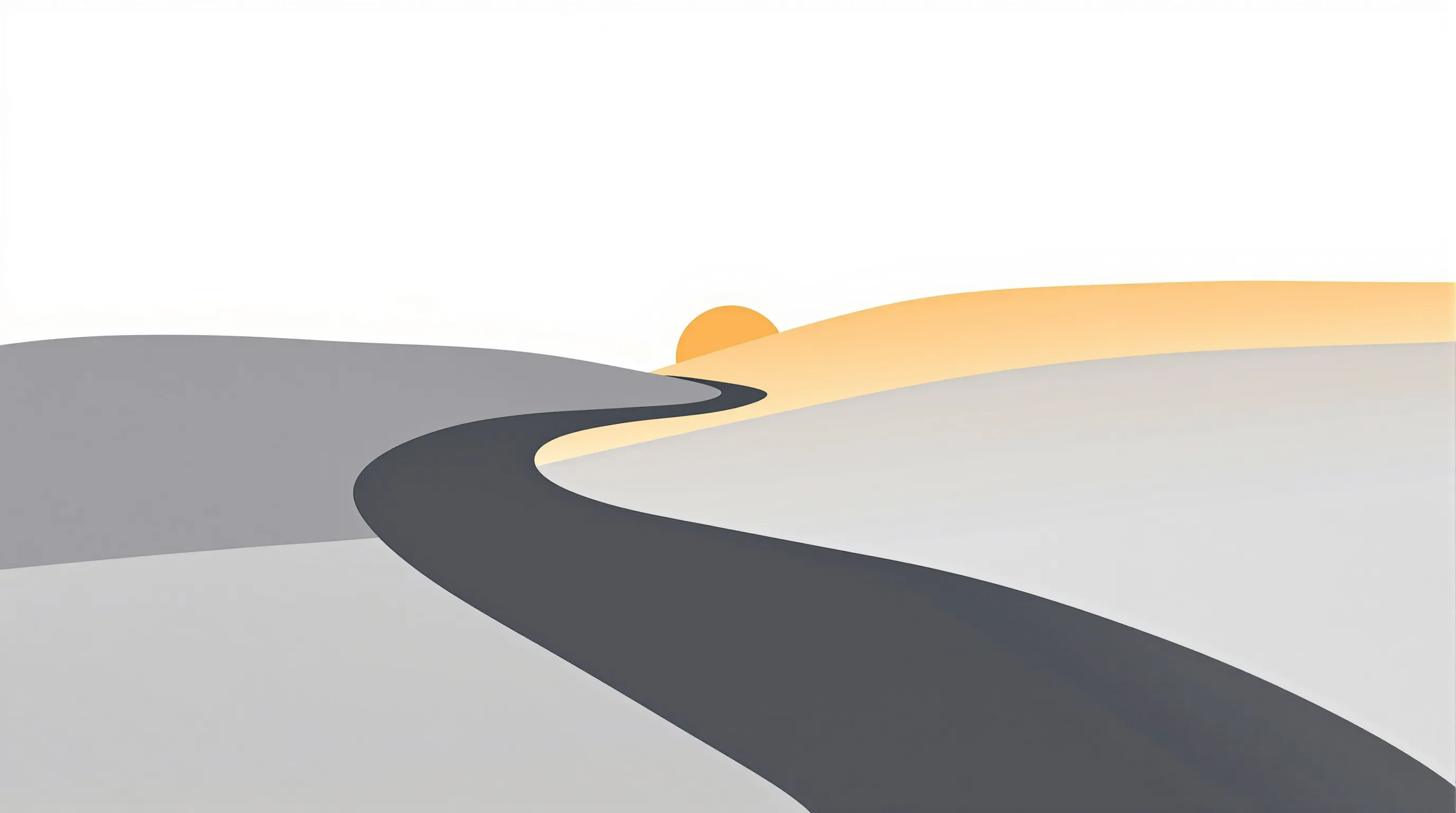 A minimal curved path transitioning from shadow to light with a simple sun symbol.