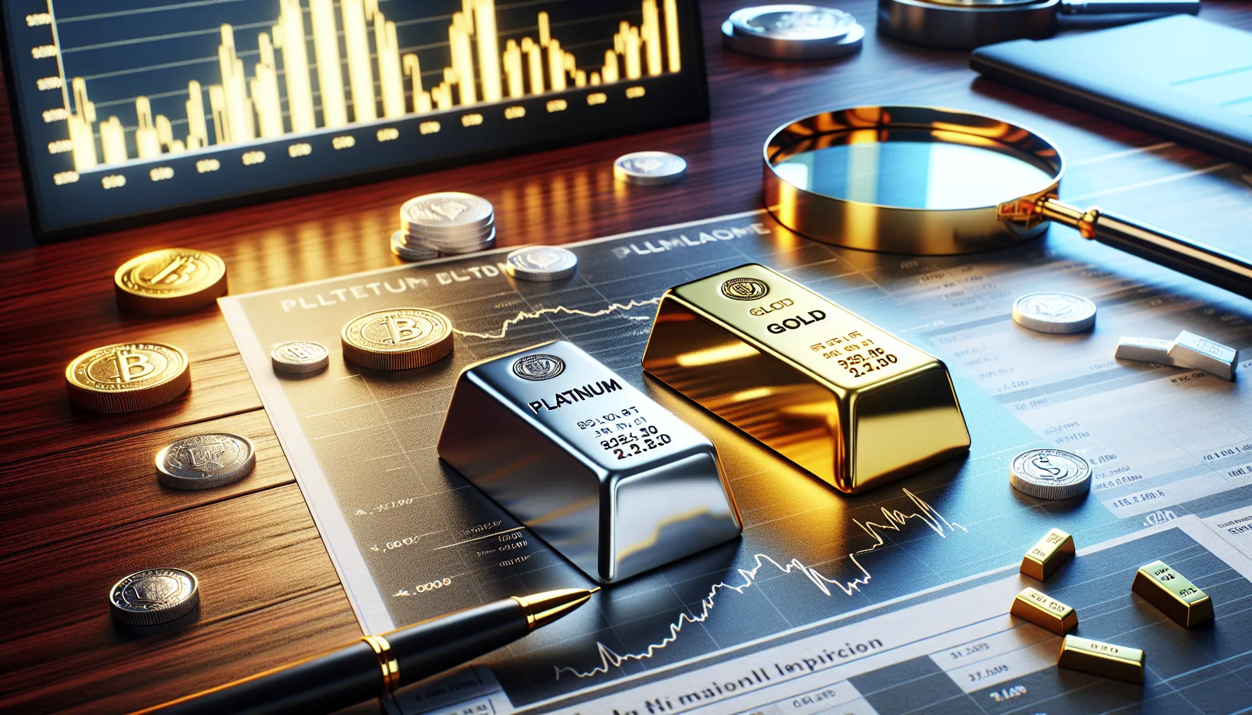 Platinum and gold bars on a table with financial analysis items.