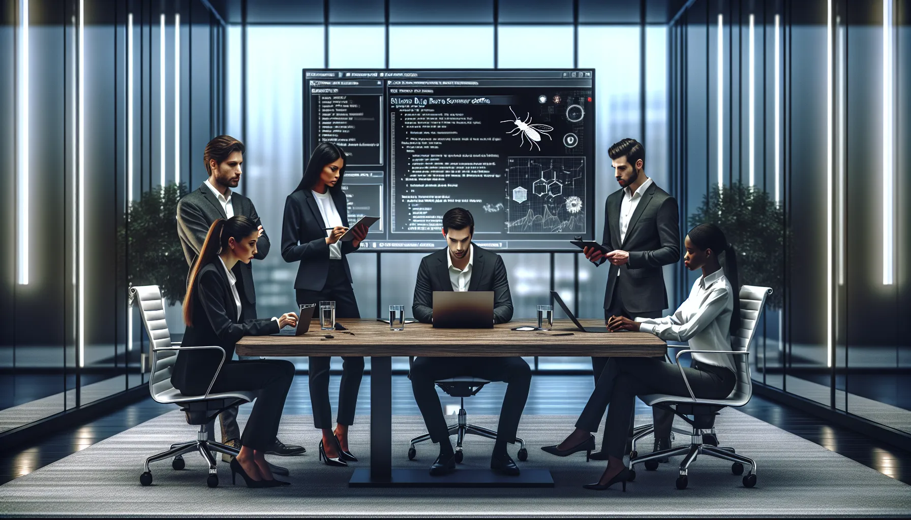 diverse IT team discussing software bugs in a modern office.