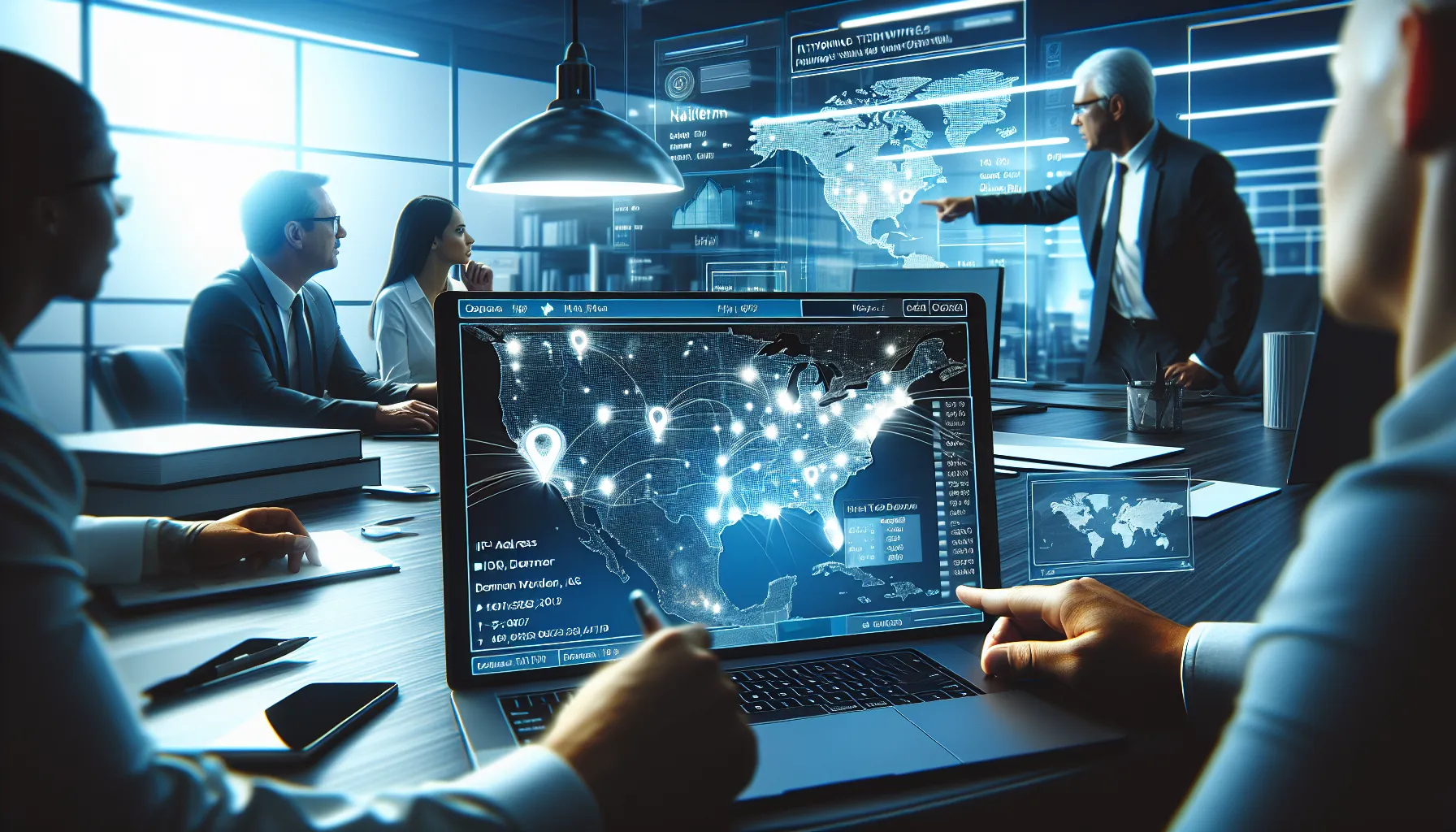 professionals analyzing an IP address in a modern office setting.