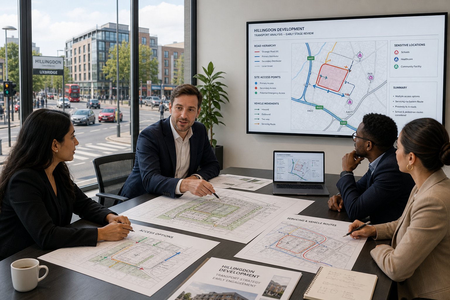 Traffic engineer and planning team reviewing a Hillingdon development site proposal.