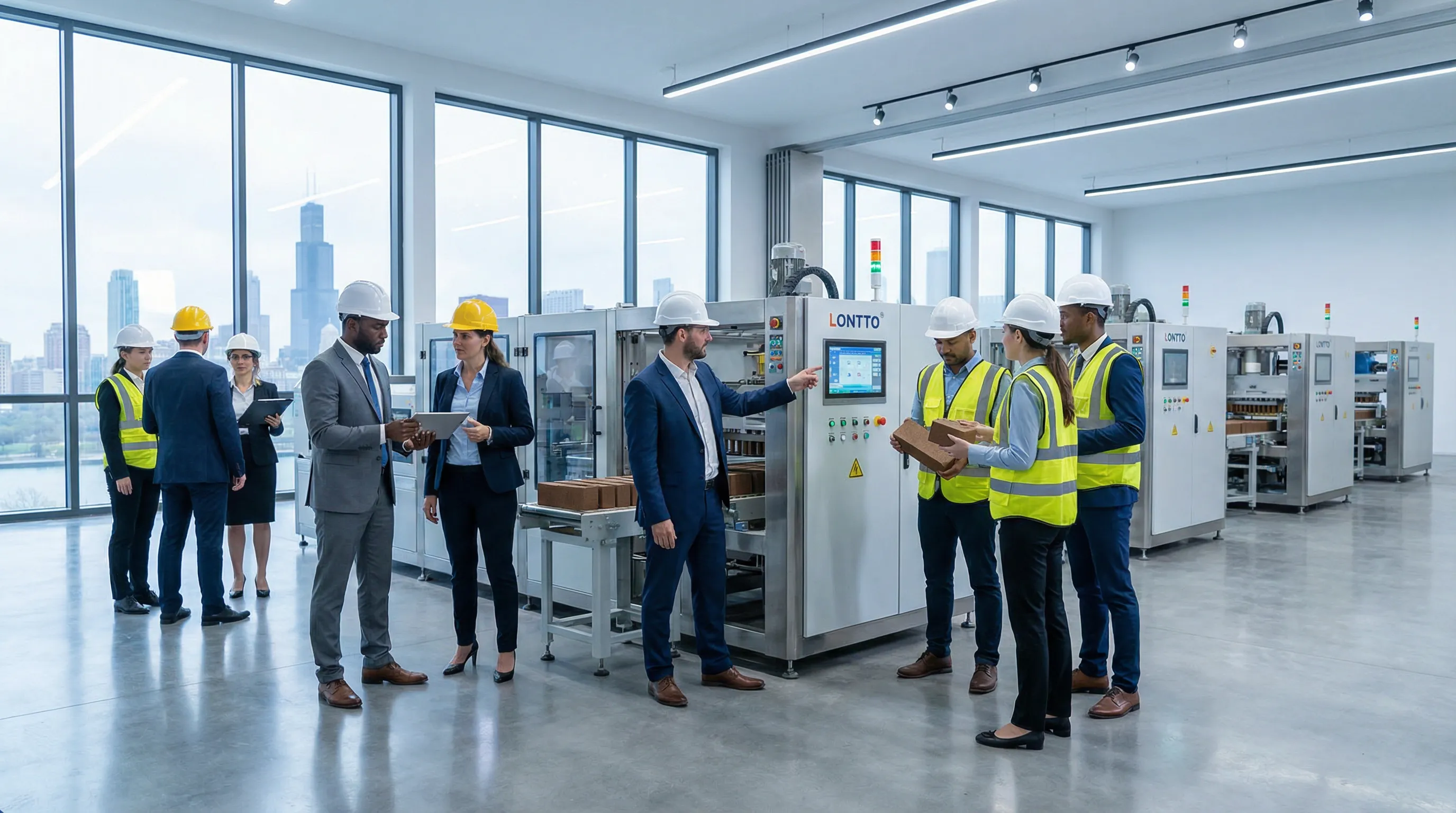 Professionals examining advanced brick machines in a modern industrial showroom.