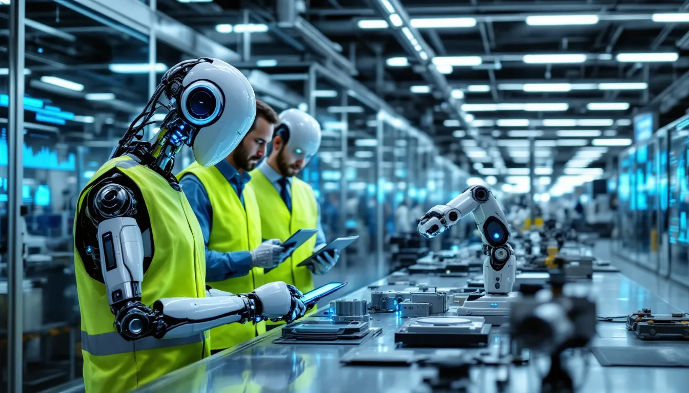 AI-powered robots and engineers collaborating in a modern smart manufacturing facility.