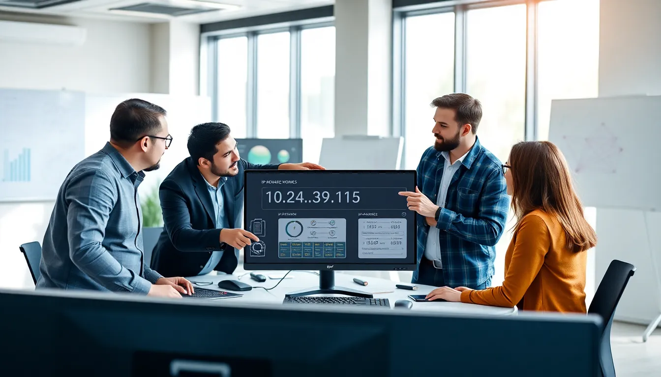 professionals discussing IP address data in a modern office.
