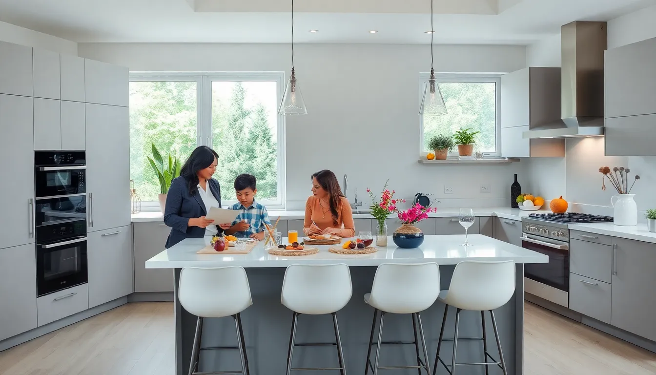 family interacting in a modern kitchen with a spacious layout.