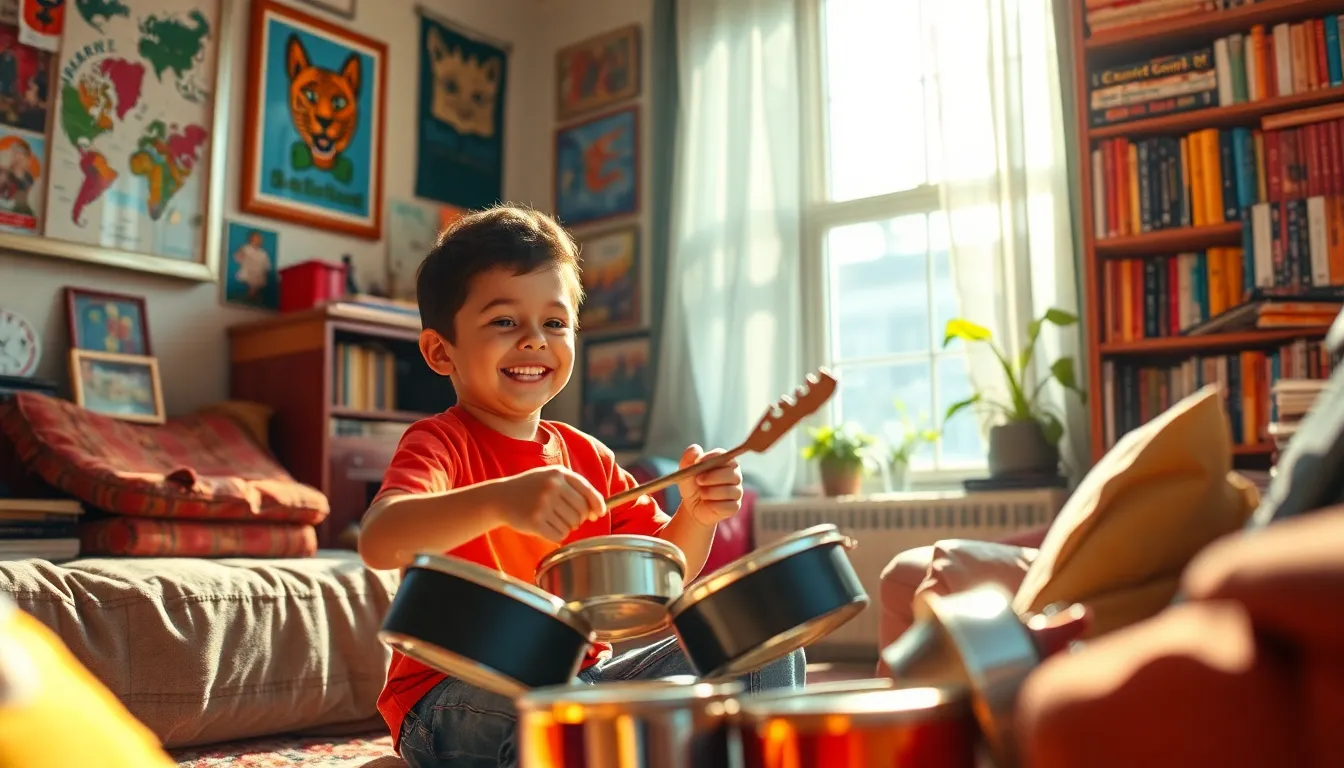 Young boy creatively playing with homemade musical instruments in a lively setting.
