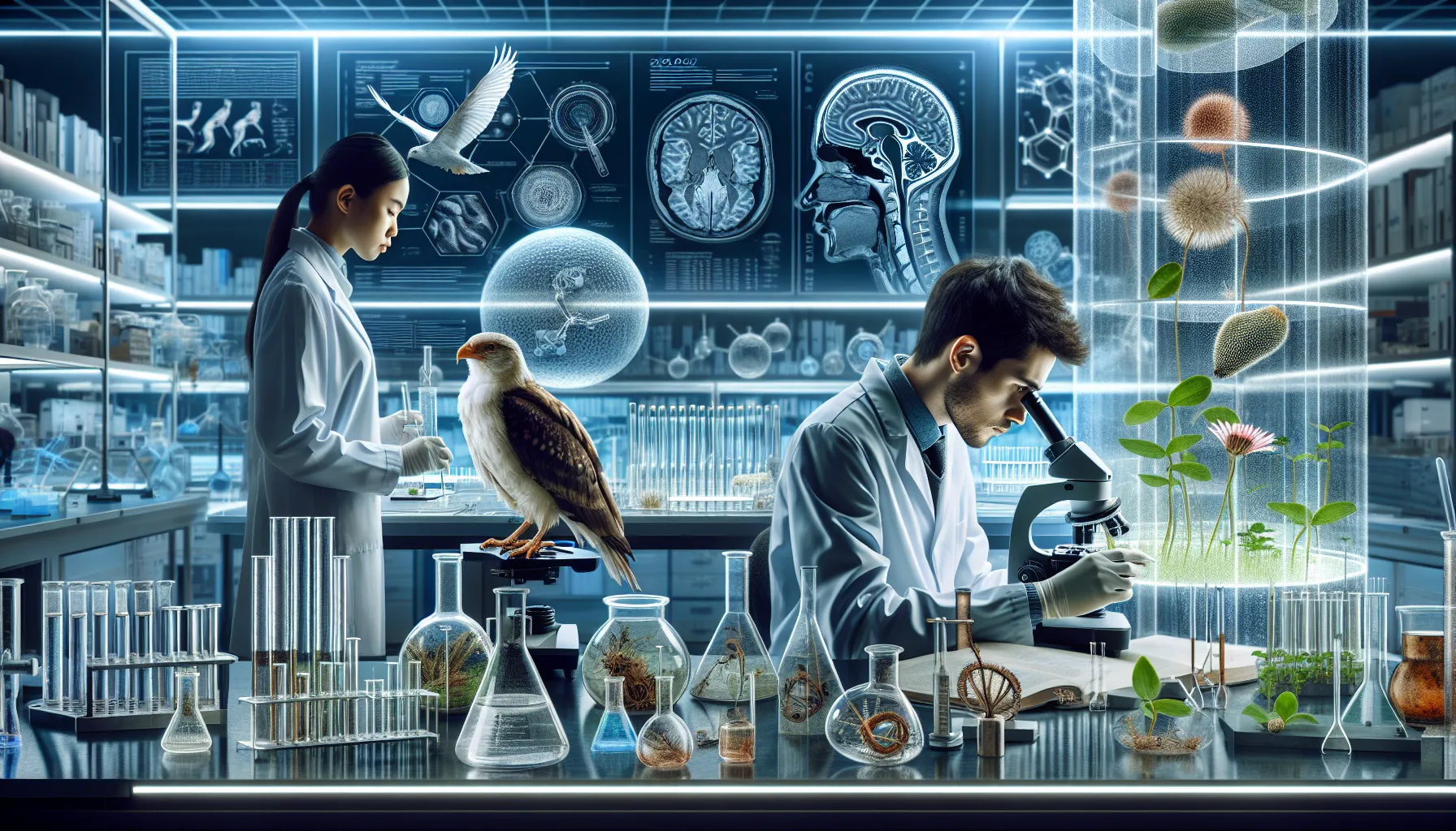 A lab scene showing zoological and botanical research activities.