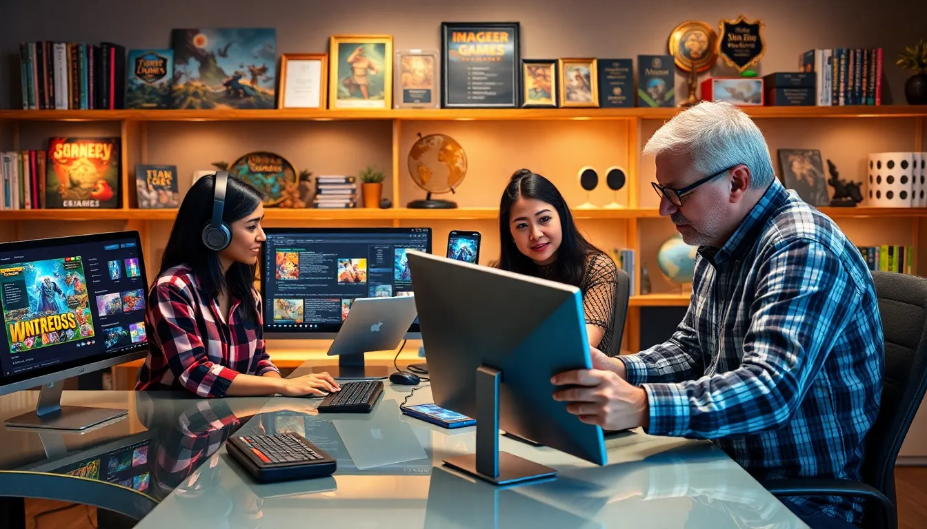 A diverse game development team collaborating in a modern workspace.