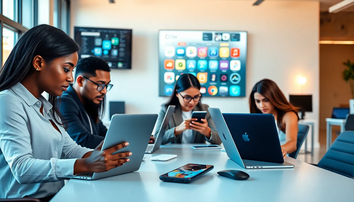 diverse professionals using smartphones, tablets, and laptops in a modern office.