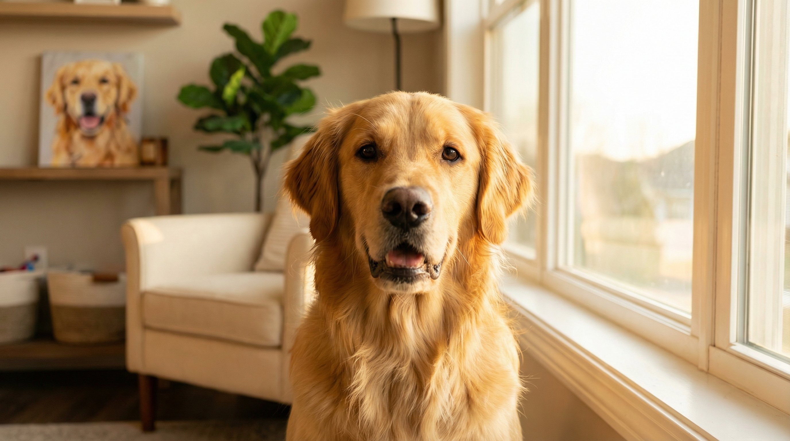 Golden retriever portrait in natural window light in a cozy living room.