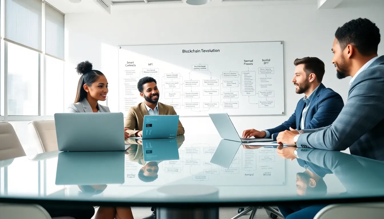 diverse team discussing blockchain technology in a modern office.