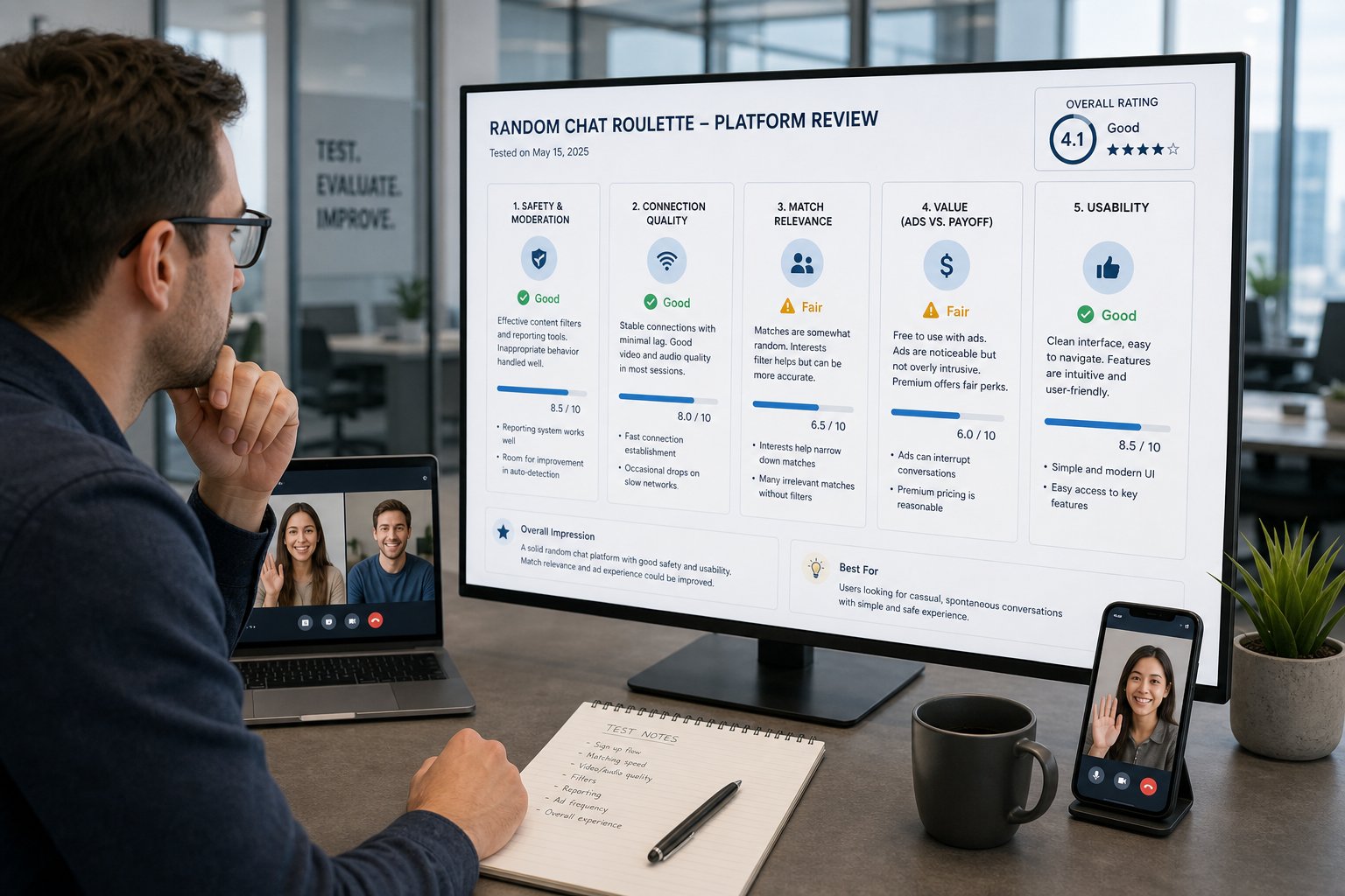 Reviewer analyzing video chat site criteria on laptop and dashboard screen.