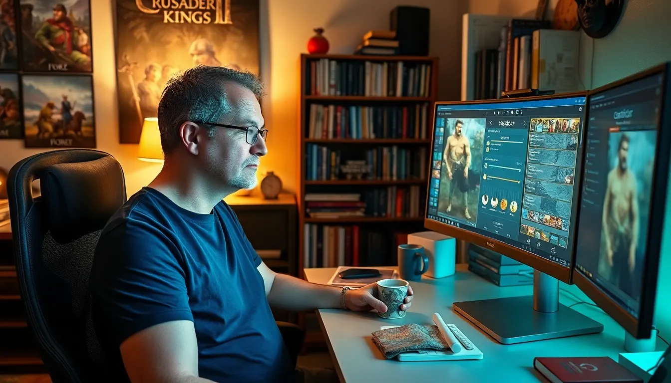 a man working on character creation for a video game in his home office.