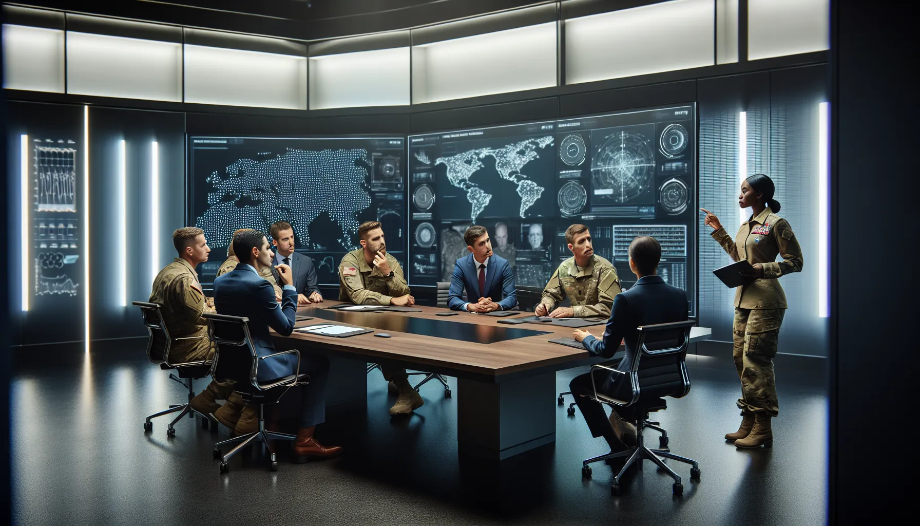 military professionals strategizing in a modern command room.