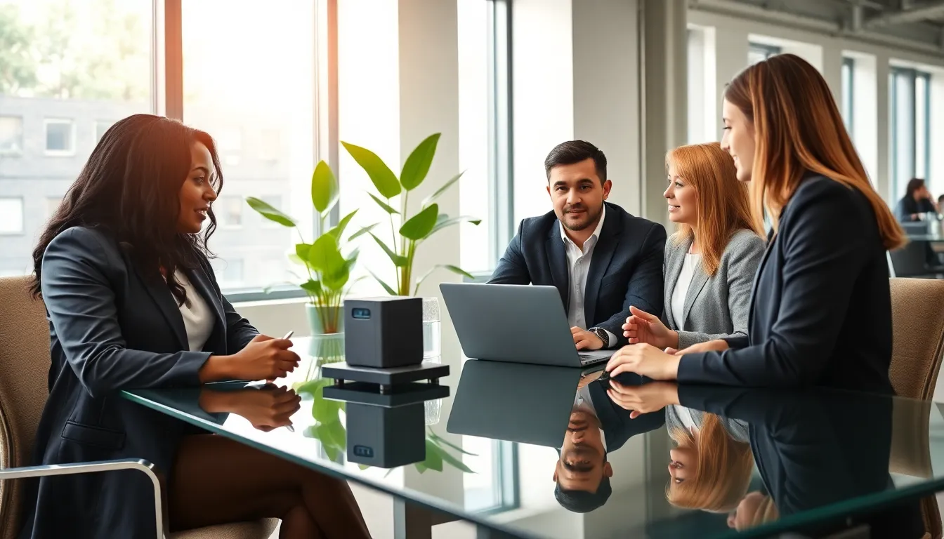 diverse team discussing energy solutions in a modern office.