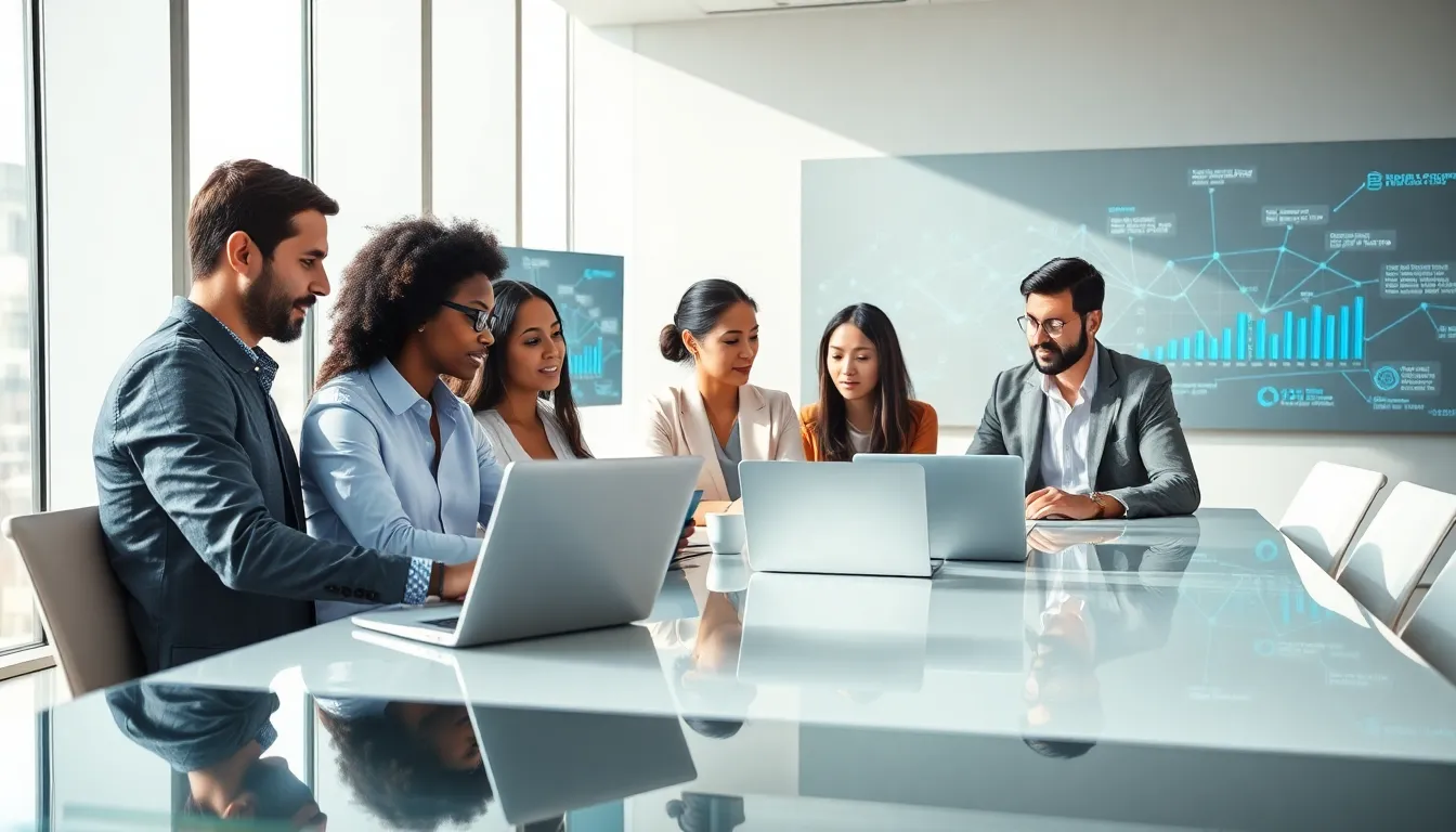 diverse team collaborating on data analysis in a modern office.