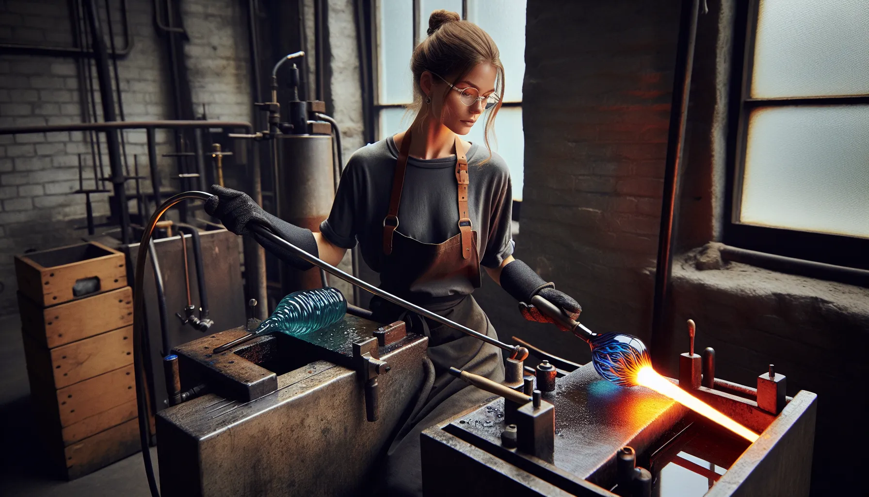 Norwegian glass artist shaping glowing sculptural glass under warm furnace light.