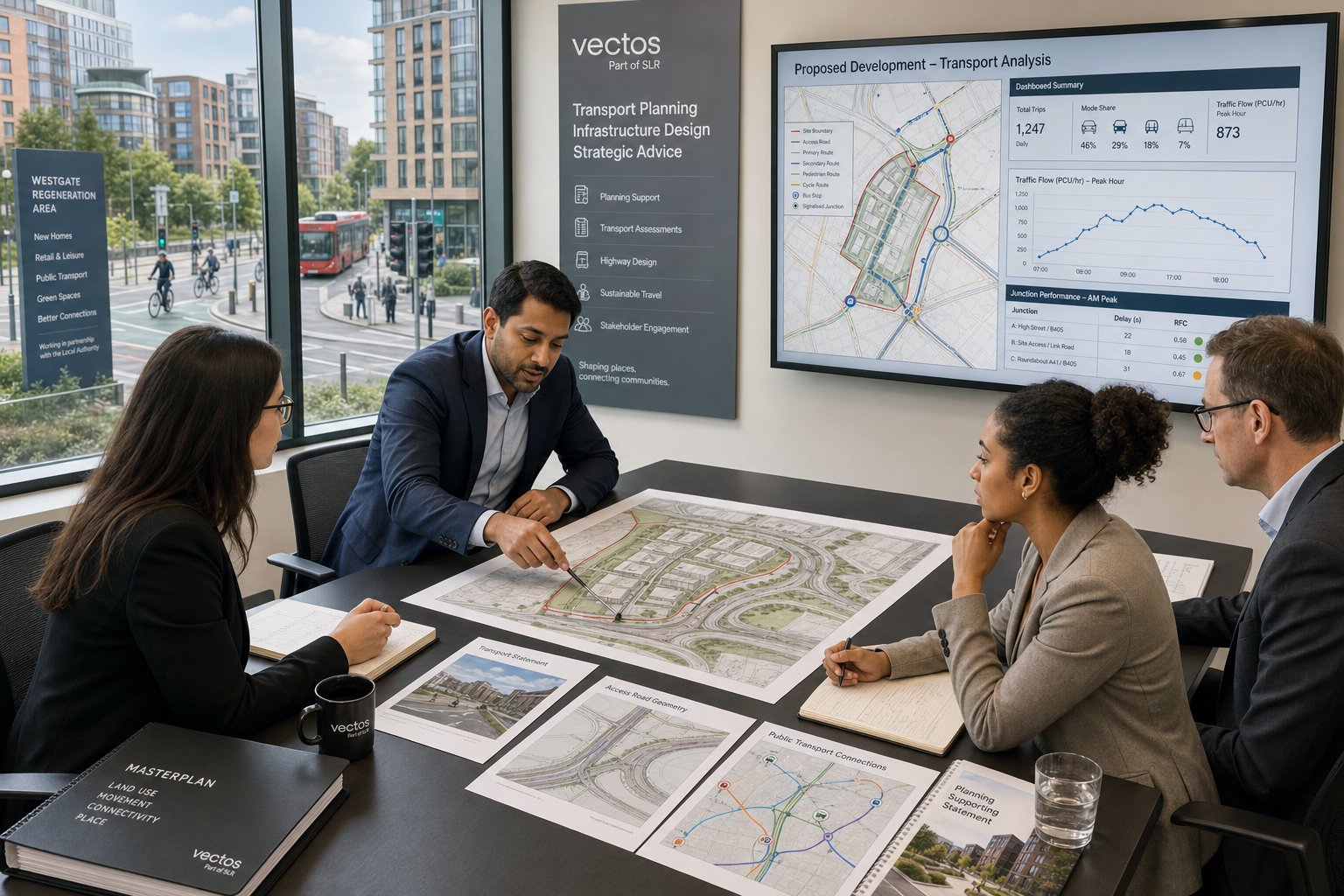 Transport planning consultants reviewing site plans in a modern UK office.