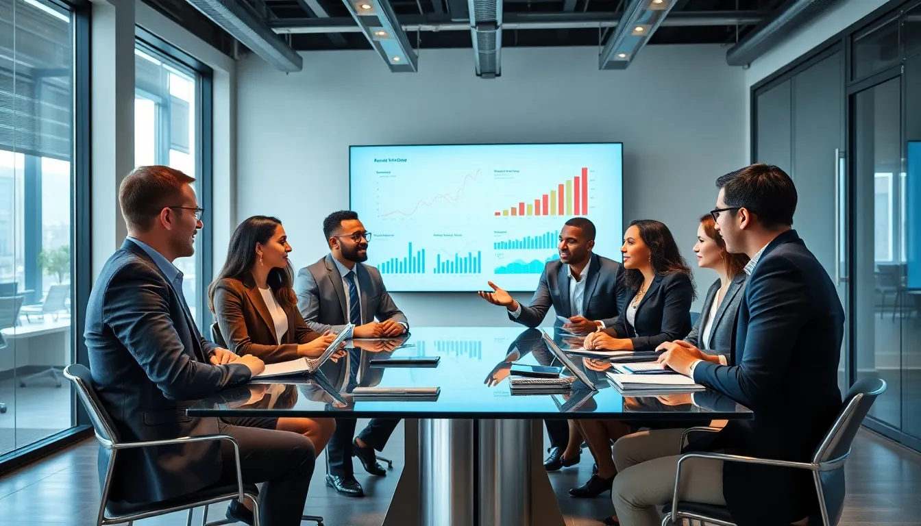 diverse professionals collaborating in a modern office setting.