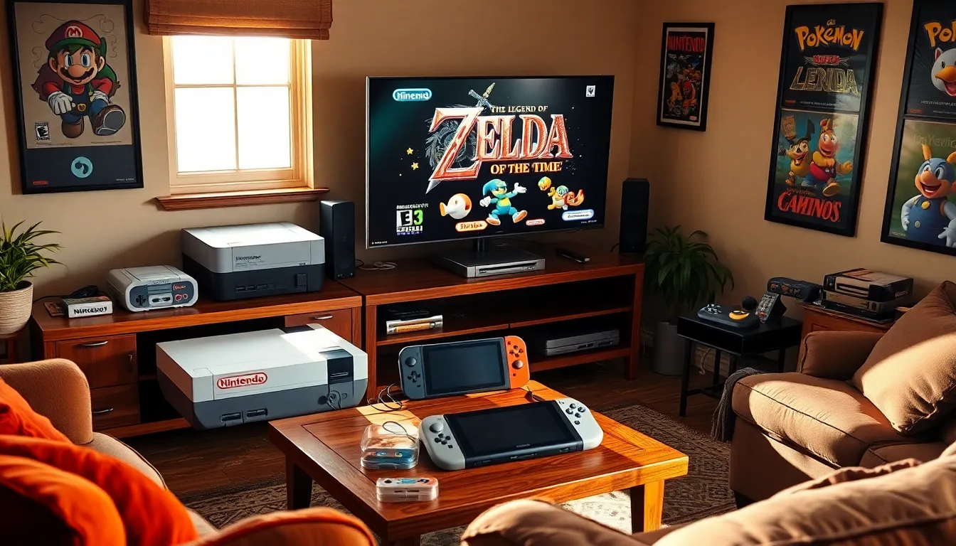 a nostalgic living room featuring classic Nintendo consoles and gaming memorabilia.