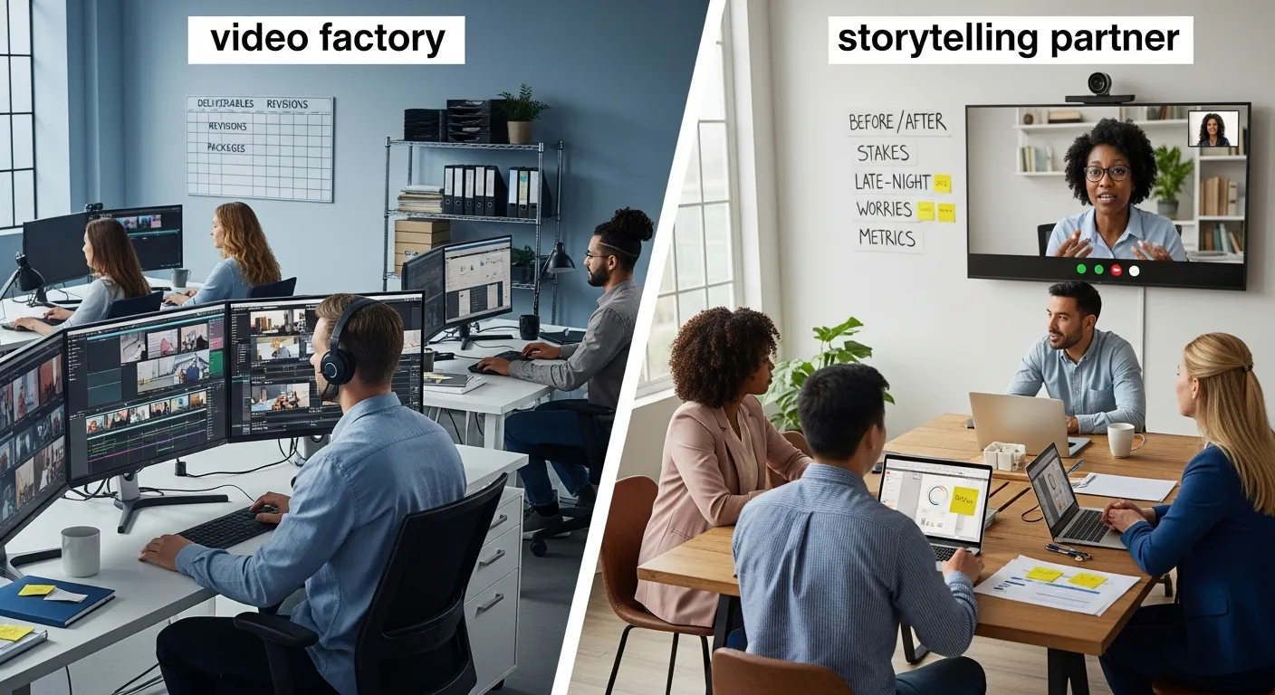Split-screen comparing testimonial video factory to a collaborative storytelling partner meeting.