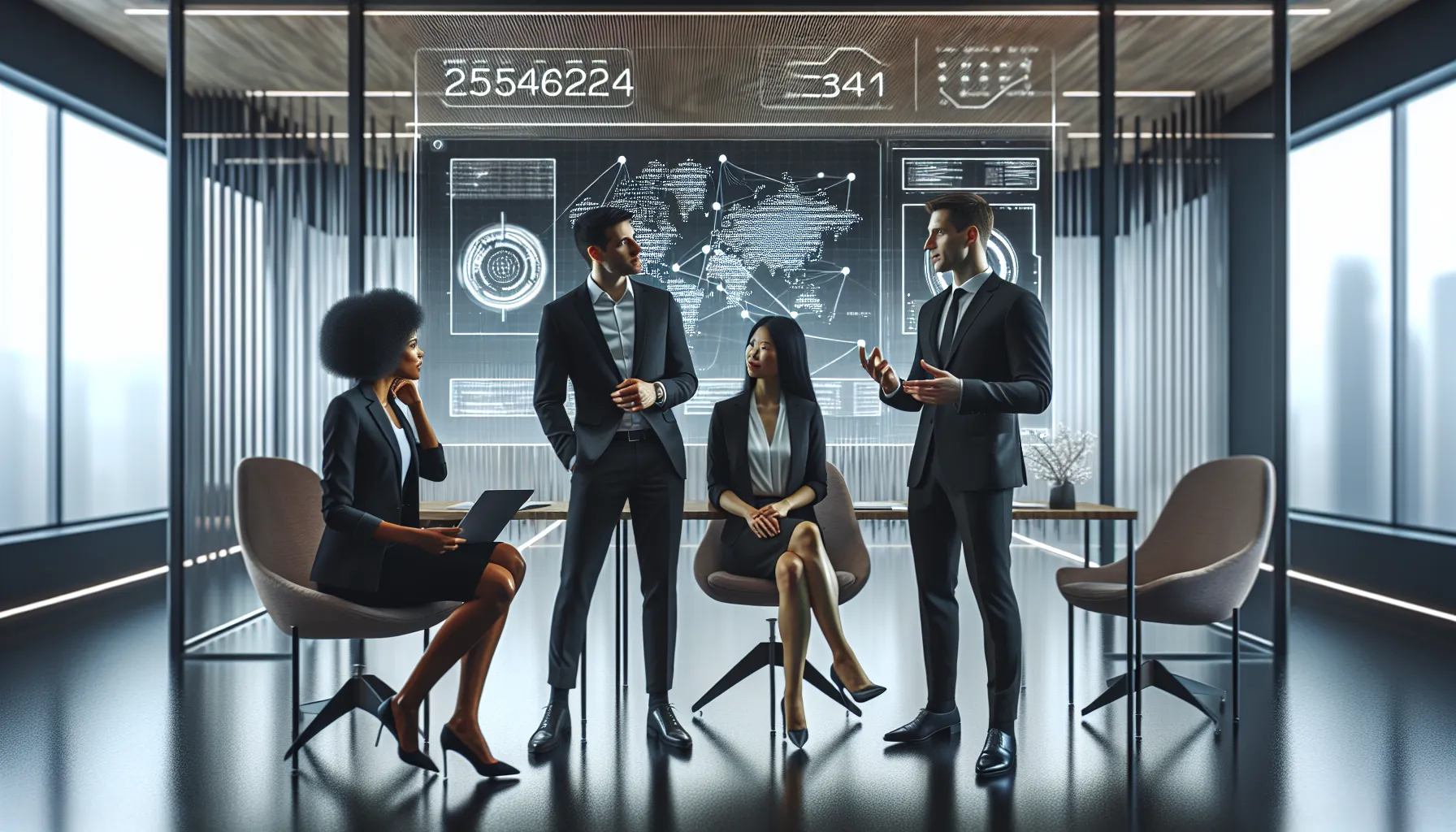 diverse professionals discussing a digital interface displaying a unique identification number.