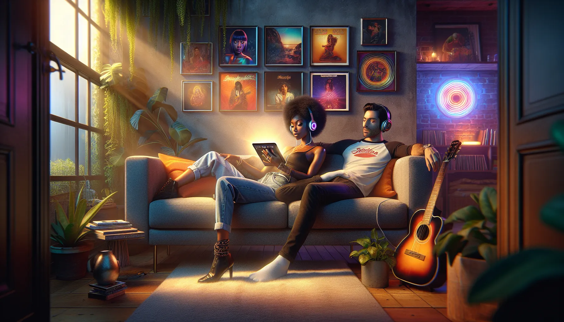 a couple enjoying music together in a cozy living room with streaming services on display.