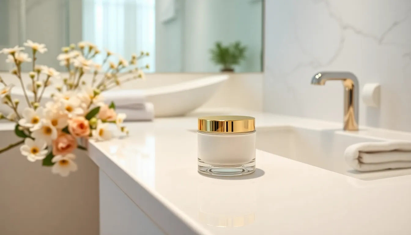 modern bathroom with intimate whitening cream on a countertop.