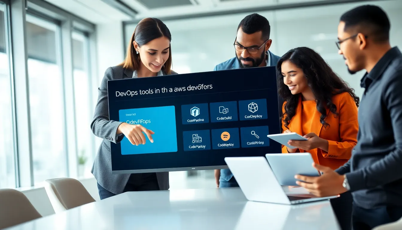 diverse team discussing AWS DevOps tools in a modern office.
