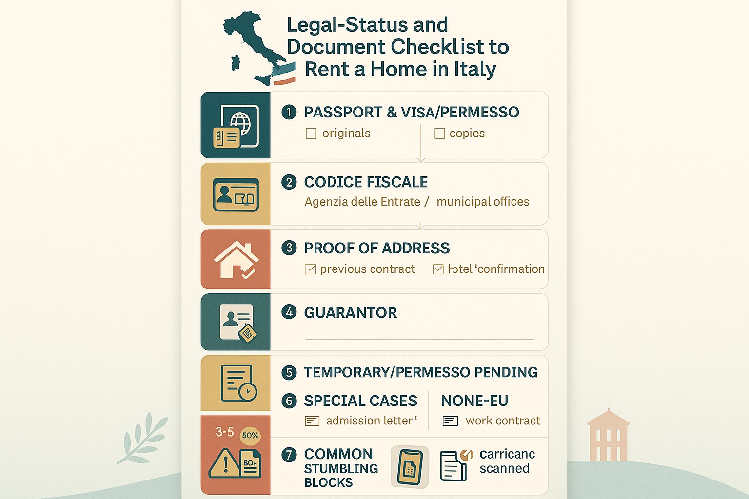 Infografica del flusso dei documenti richiesti e passaggi legali per affittare in Italia.