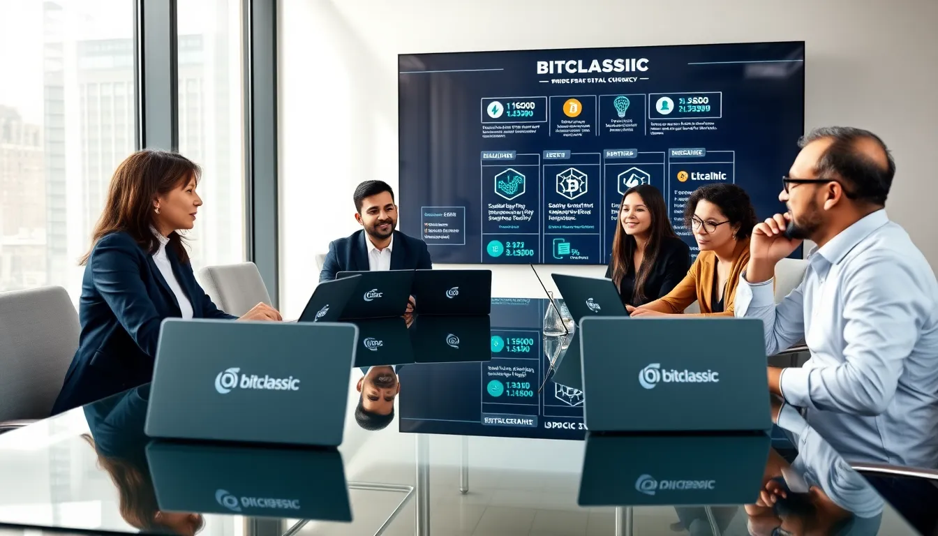 diverse team discussing Bitclassic in a modern office setting.